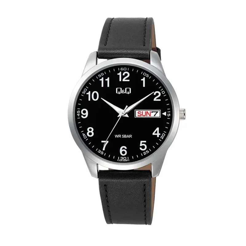 Q&Q Japan Quartz Black Dial Day-Date Leather Men's Watch- C32A-008PY